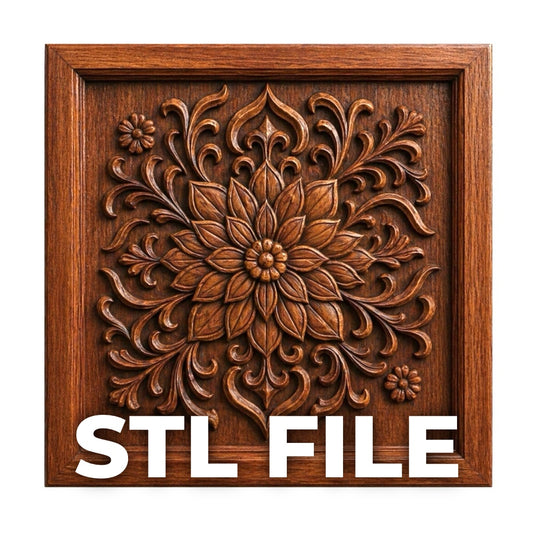A square wooden panel displays an intricate mandala floral relief in CNC style. "STL FILE" is shown in bold white letters at the bottom. Product: Mandala Floral Relief STL File | Decorative Mandala CNC Wall Art by Form Arcade.