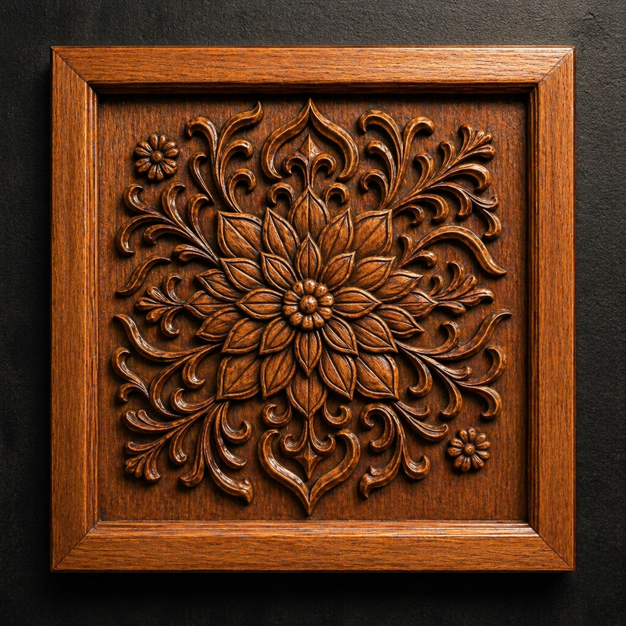 The Mandala Floral Relief STL File by Form Arcade is a decorative wall art panel featuring an intricate floral mandala design with detailed leaves and flowers—ideal for CNC carving or 3D printing, especially against a dark background.