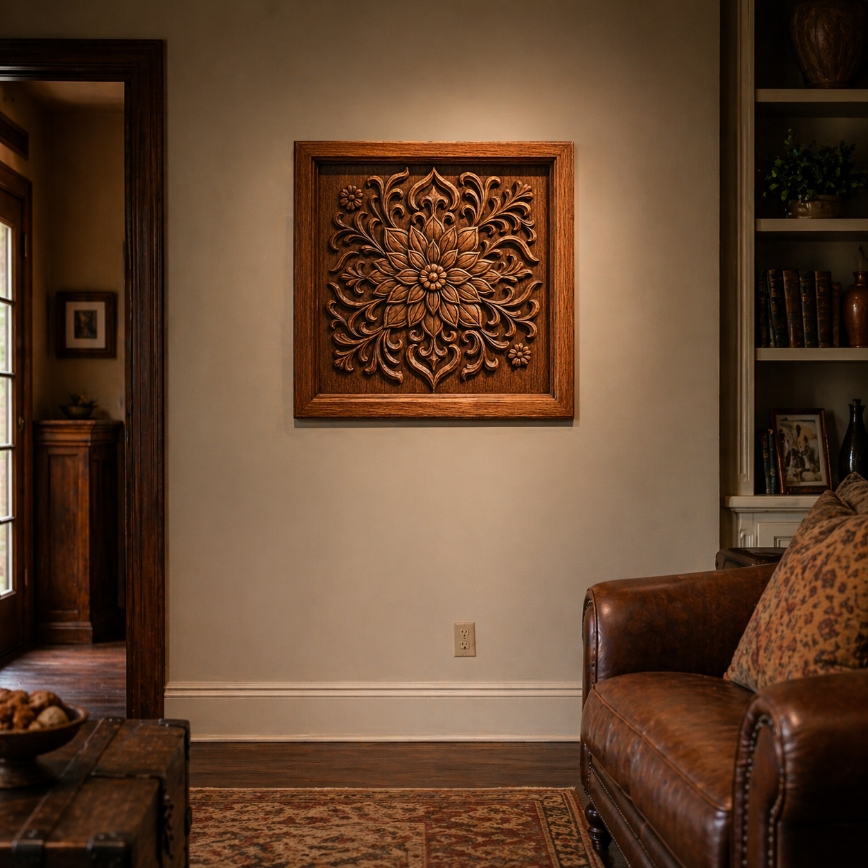 A cozy living room with a brown leather sofa, a Form Arcade Mandala Floral Relief STL File decorative CNC wall art, a patterned rug, bookshelves, and warm wood accents for an inviting atmosphere.