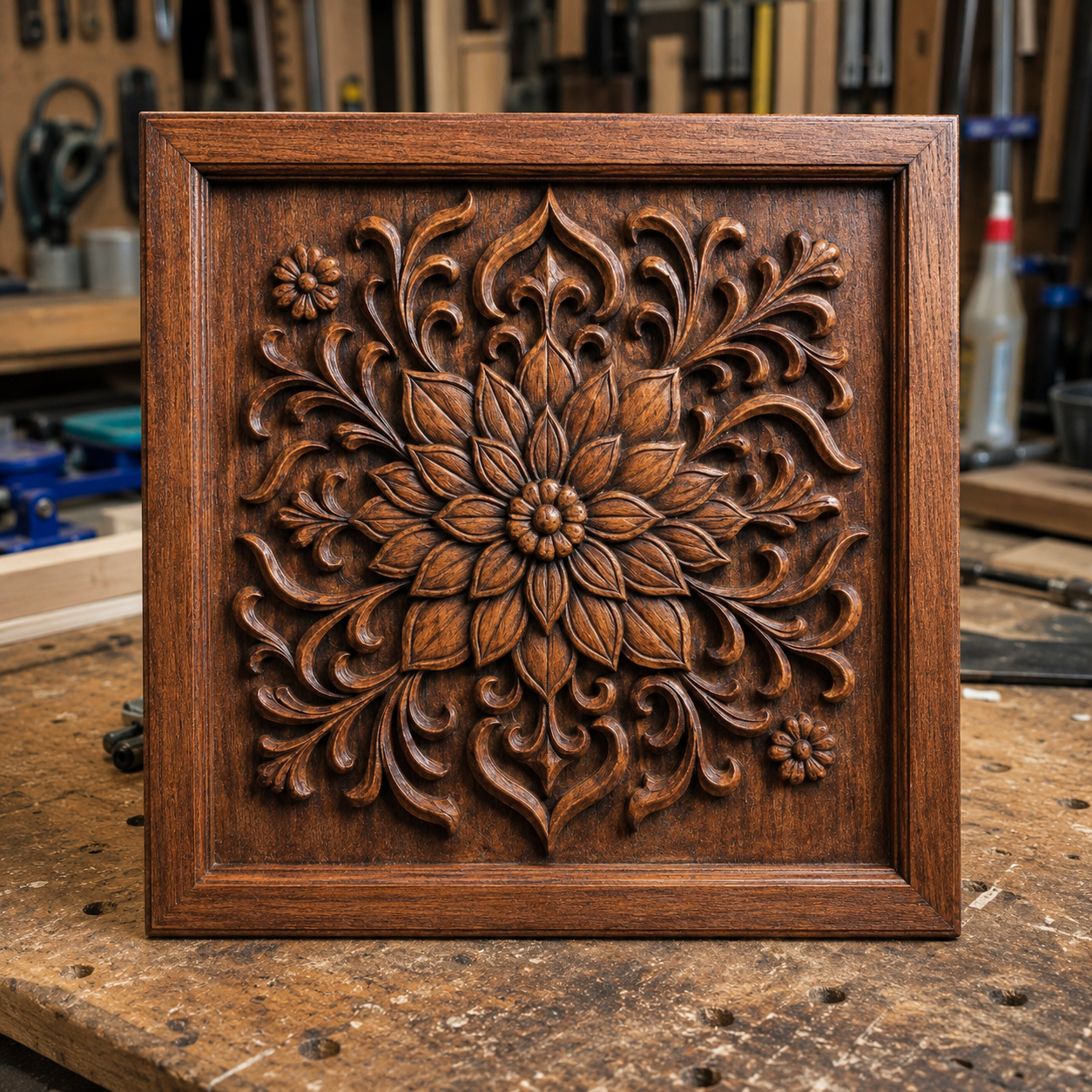 The Mandala Floral Relief STL File by Form Arcade—a decorative mandala CNC wall art design—is shown in a woodshop, surrounded by tools and wood, highlighting its intricate floral carving for unique woodworking projects.