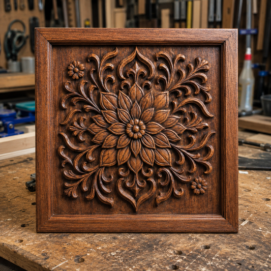 The Mandala Floral Relief STL File by Form Arcade—a decorative mandala CNC wall art design—is shown in a woodshop, surrounded by tools and wood, highlighting its intricate floral carving for unique woodworking projects.