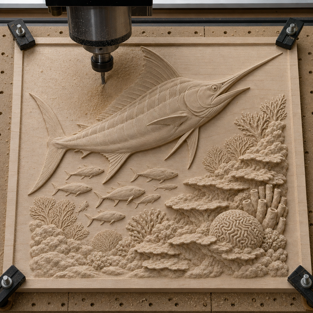 CNC router cutting a pale wood relief of a marlin swimming over smaller fish, sea fans, corals, and sponges.