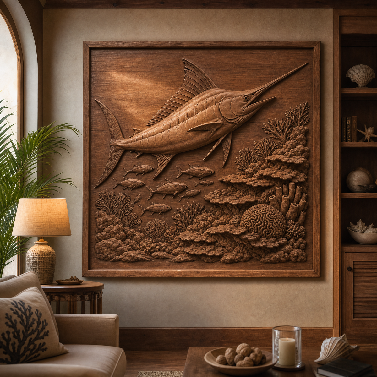 Framed CNC wood carving of a marlin and coral reef scene displayed as wall art in a living room.