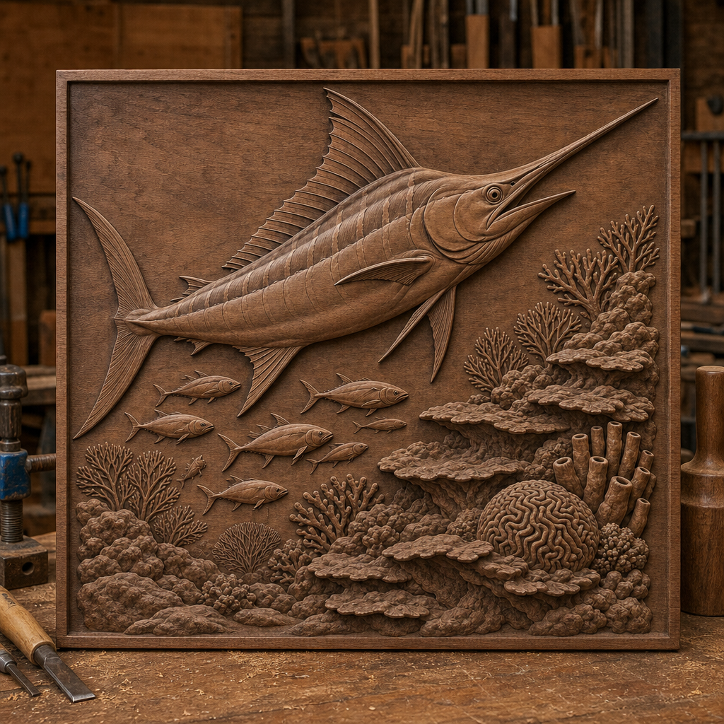 Finished CNC wood relief of a marlin above smaller fish and layered coral reef textures in a framed panel.