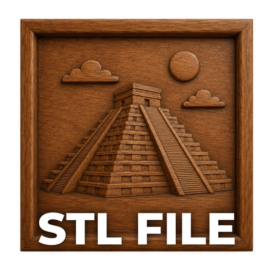 Form Arcade’s Mayan Pyramid Relief STL File features a wooden-framed stepped pyramid with stairs, clouds, sun, and “STL FILE” text—ideal for CNC wall art or 3D printing.