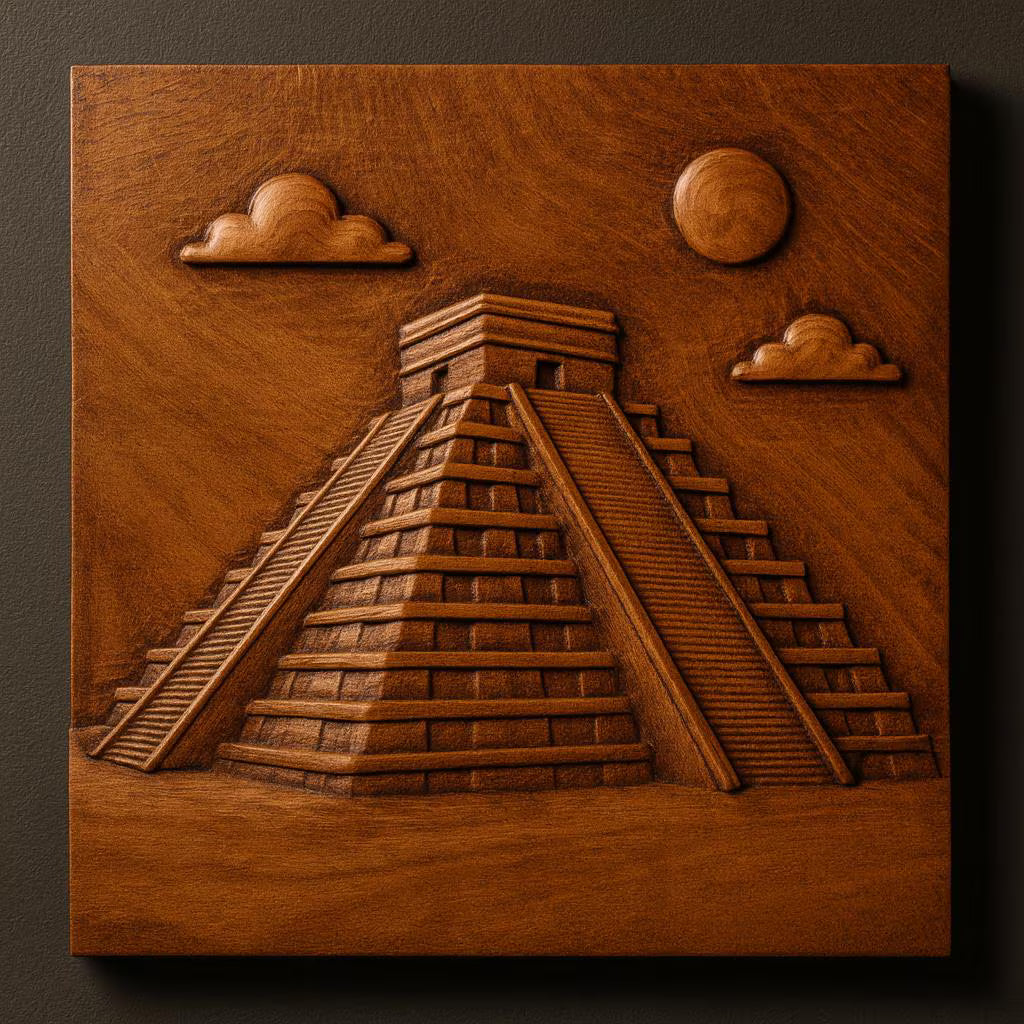The Mayan Pyramid Relief STL File by Form Arcade is CNC wall art depicting a Mayan pyramid with stairs, clouds, and sun on a square panel—ideal for decorative wooden carvings.