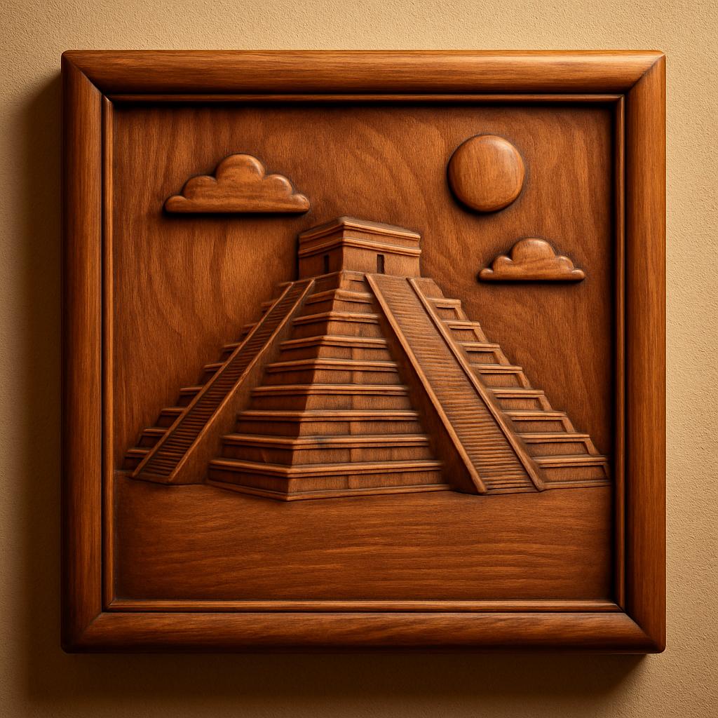 Form Arcade's "Mayan Pyramid Relief STL File | CNC Wall Art" features a detailed Mayan pyramid with a temple, clouds, and sun, all set in a square frame—perfect as unique decorative wall art for your space.