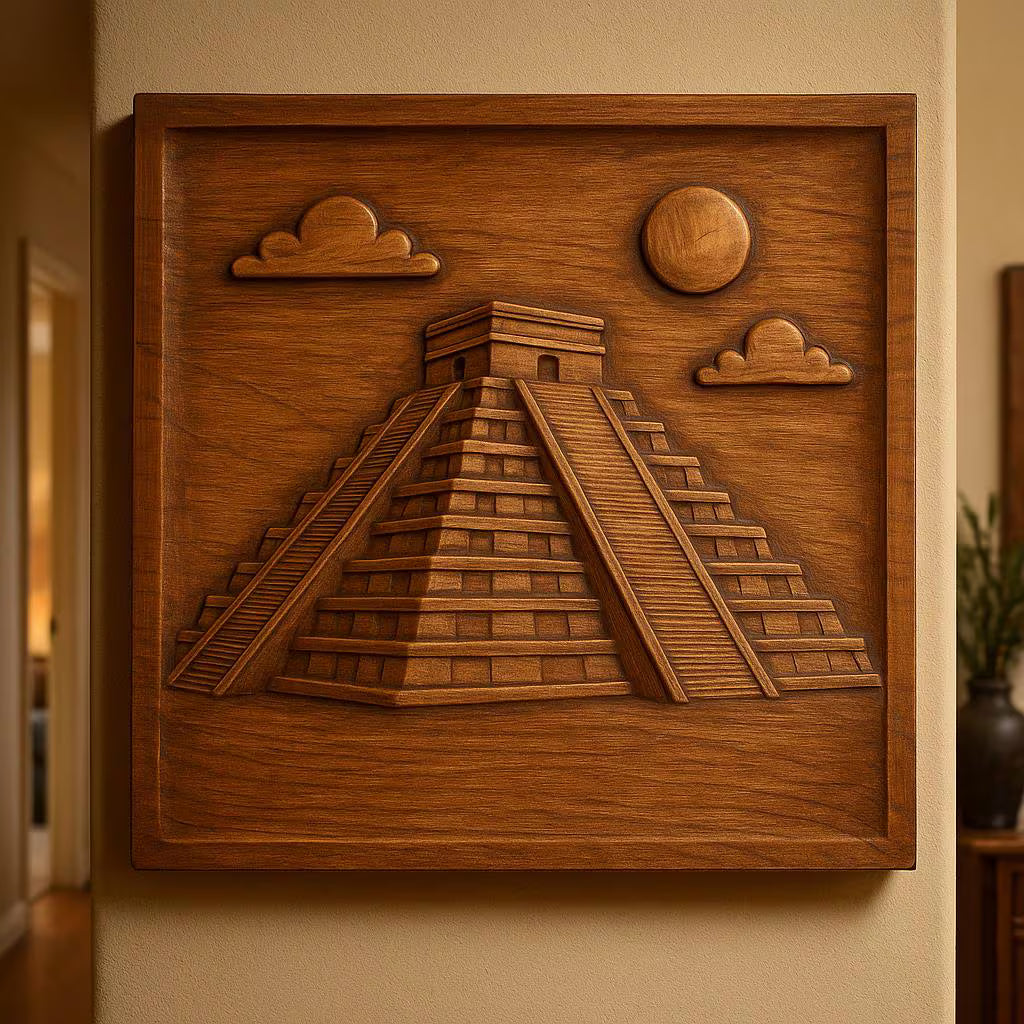 The Mayan Pyramid Relief STL File by Form Arcade is a decorative CNC wall art piece featuring a stepped Mayan pyramid with a temple, clouds, and sun in relief style, displayed on a beige wall in a warmly lit room.