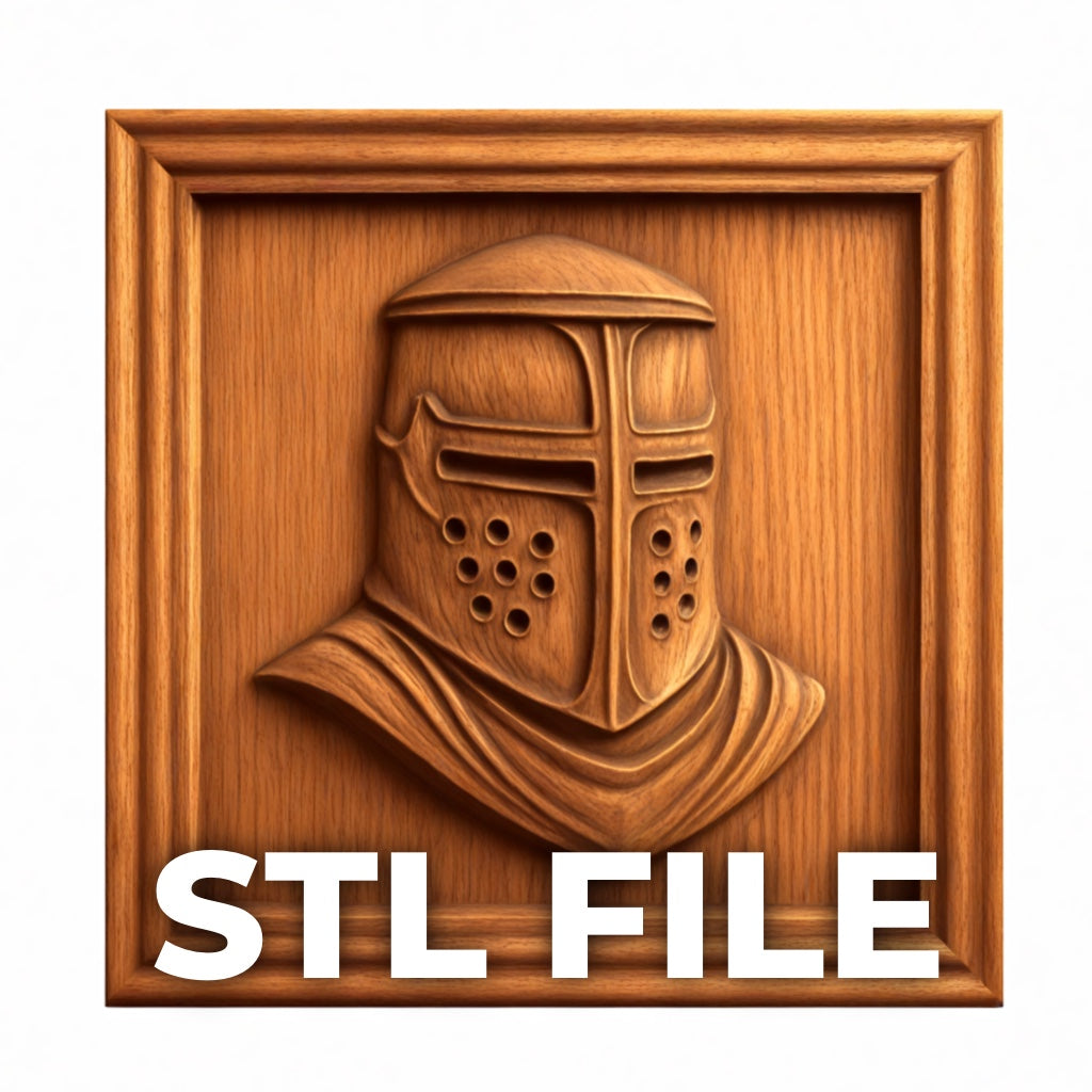 The Medieval Knight Helmet Relief STL File by Form Arcade is a fantasy CNC wall art design featuring a carved knight helmet and armor, perfect for woodworking or CNC relief carving projects.