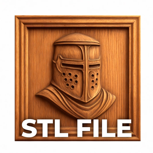 The Medieval Knight Helmet Relief STL File by Form Arcade is a fantasy CNC wall art design featuring a carved knight helmet and armor, perfect for woodworking or CNC relief carving projects.