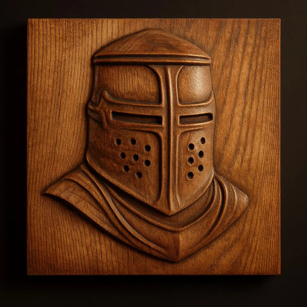 The Medieval Knight Helmet Relief STL File by Form Arcade features a fantasy knight helmet with a cross faceplate and circular vents, ideal for woodworking or CNC wall art, set against smooth wood grain.
