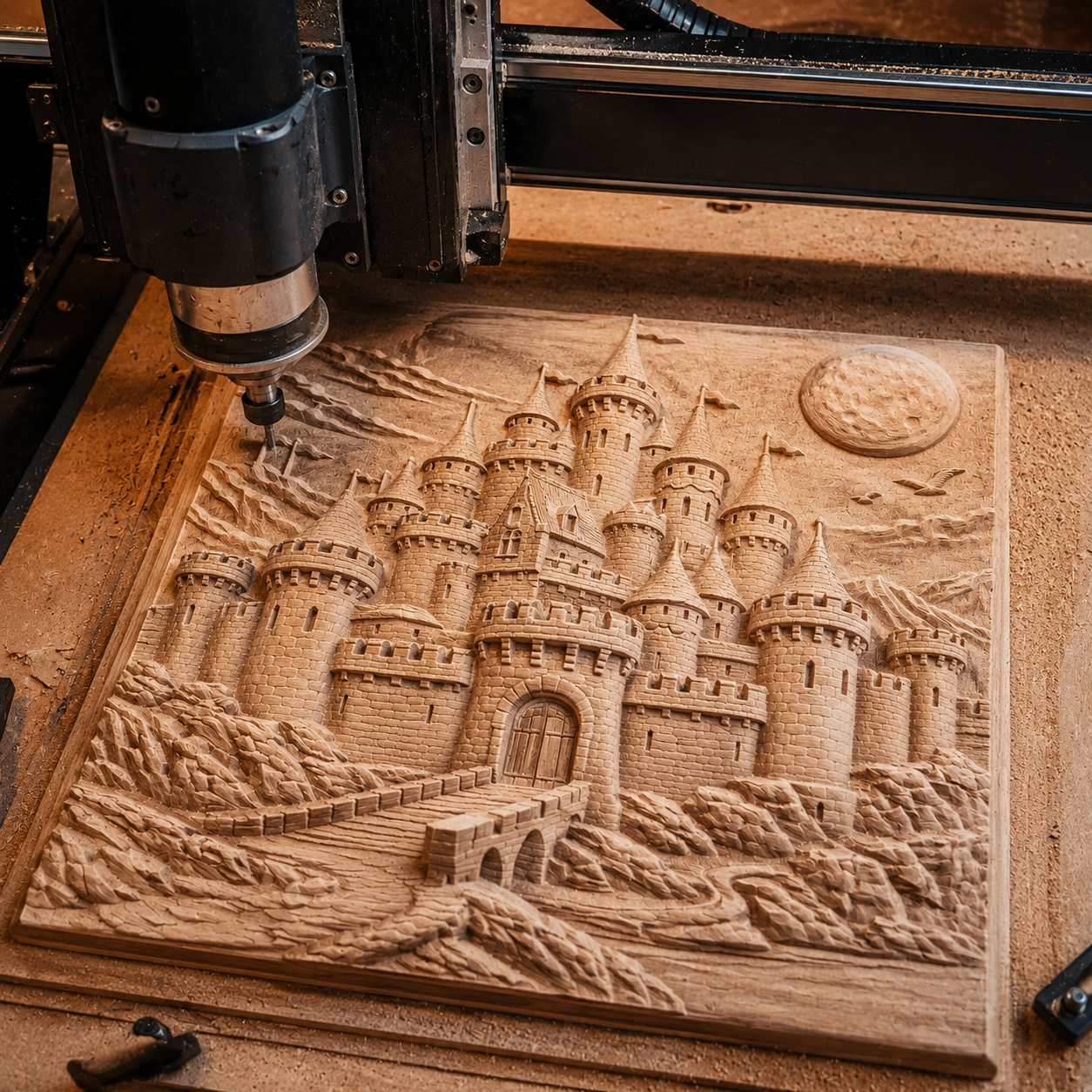 A CNC machine carves an intricate 3D relief of the Form Arcade "Medieval Stone Castle Landscape" STL, featuring towers, flags, mountains, and a moon, on a square wooden panel surrounded by shavings.