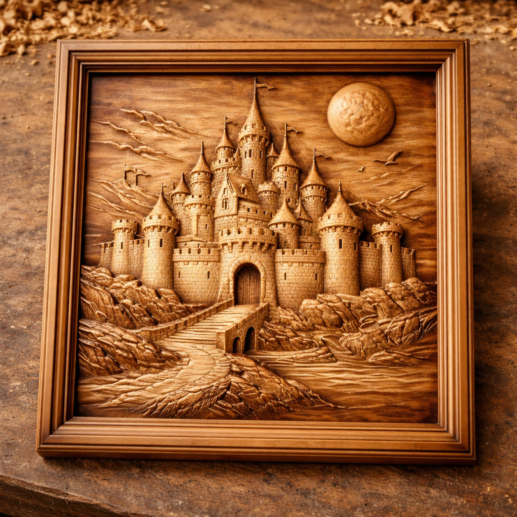 Medieval Stone Castle Landscape relief design shown as a freshly carved CNC wood panel on a workbench, emphasizing natural grain, carving depth, and real project use from the downloadable STL file. This workshop image helps illustrate how the model performs for CNC router carving, relief woodworking, framed panel builds, sign making, and other 3D printing or custom fabrication applications.