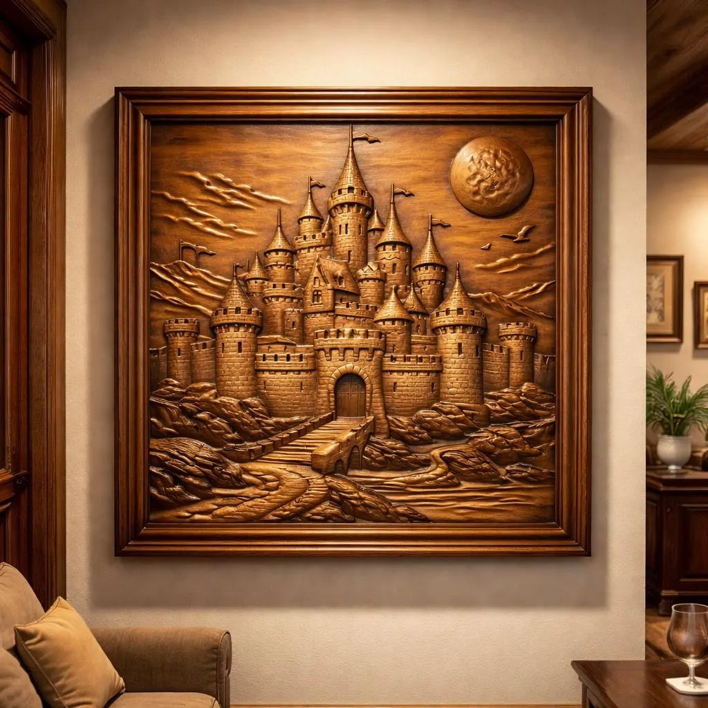 Medieval Stone Castle Landscape relief wall art displayed in an interior room setting as a finished framed panel, helping buyers visualize the downloadable STL file as real home decor. The image highlights how the fantasy castle cnc wall art works for CNC carved wood signs, framed wall panels, decorative interior accents, and custom maker projects created from the digital relief file.