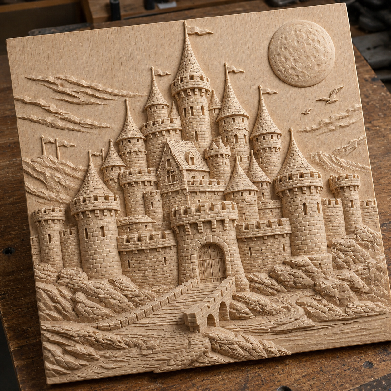 Form Arcade’s Medieval Stone Castle Landscape Relief STL File features a fantasy castle with towers and flags on rocky terrain, set under a full moon with mountains—ideal CNC wall art or inspiration for 3D printing projects.