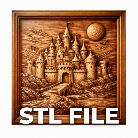 Medieval Stone Castle Landscape relief STL file shown as the main product image with STL FILE text overlay, featuring a carved wood panel presentation that highlights the full fantasy castle cnc wall art design, clean bas relief depth, layered detail, and downloadable digital file use for CNC carving, wood routing, and resin or FDM 3D printing projects.