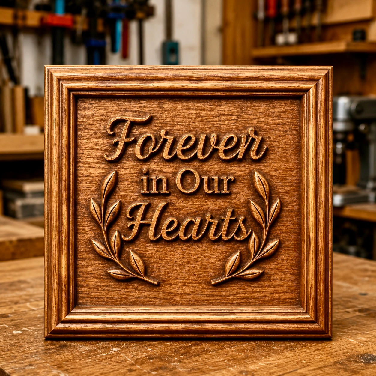 A Memorial Plaque CNC Relief STL File from Form Arcade featuring the phrase "Forever in Our Hearts" with decorative leaves, displayed on a workbench—ideal for woodworking projects or as Forever CNC Wall Art.