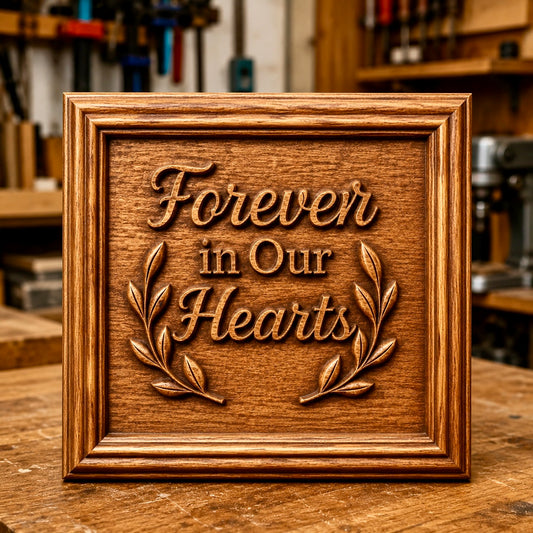 A Memorial Plaque CNC Relief STL File from Form Arcade featuring the phrase "Forever in Our Hearts" with decorative leaves, displayed on a workbench—ideal for woodworking projects or as Forever CNC Wall Art.