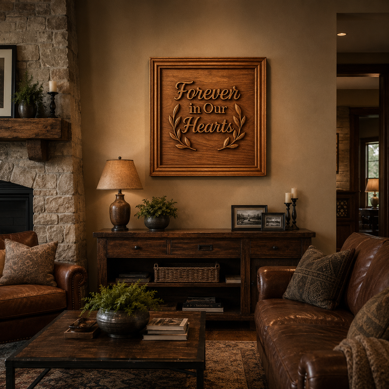 A cozy living room with brown leather sofas, wooden furniture, and the Form Arcade Memorial Plaque CNC Relief STL File | Forever CNC Wall Art elegantly framed above a console that reads “Forever in Our Hearts.” Lamps and plants add warmth to this rustic, inviting space—an ideal inspiration for woodworking projects.