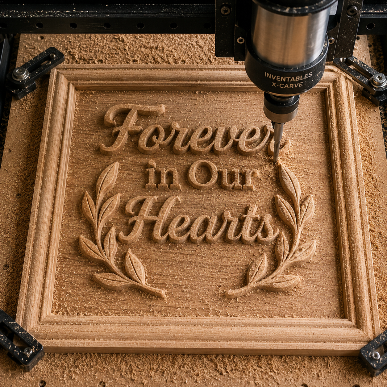 The Memorial Plaque CNC Relief STL File | Forever CNC Wall Art by Form Arcade features the phrase "Forever in Our Hearts" surrounded by decorative leaves, making it a beautiful choice for woodworking projects or as a memorial plaque design.