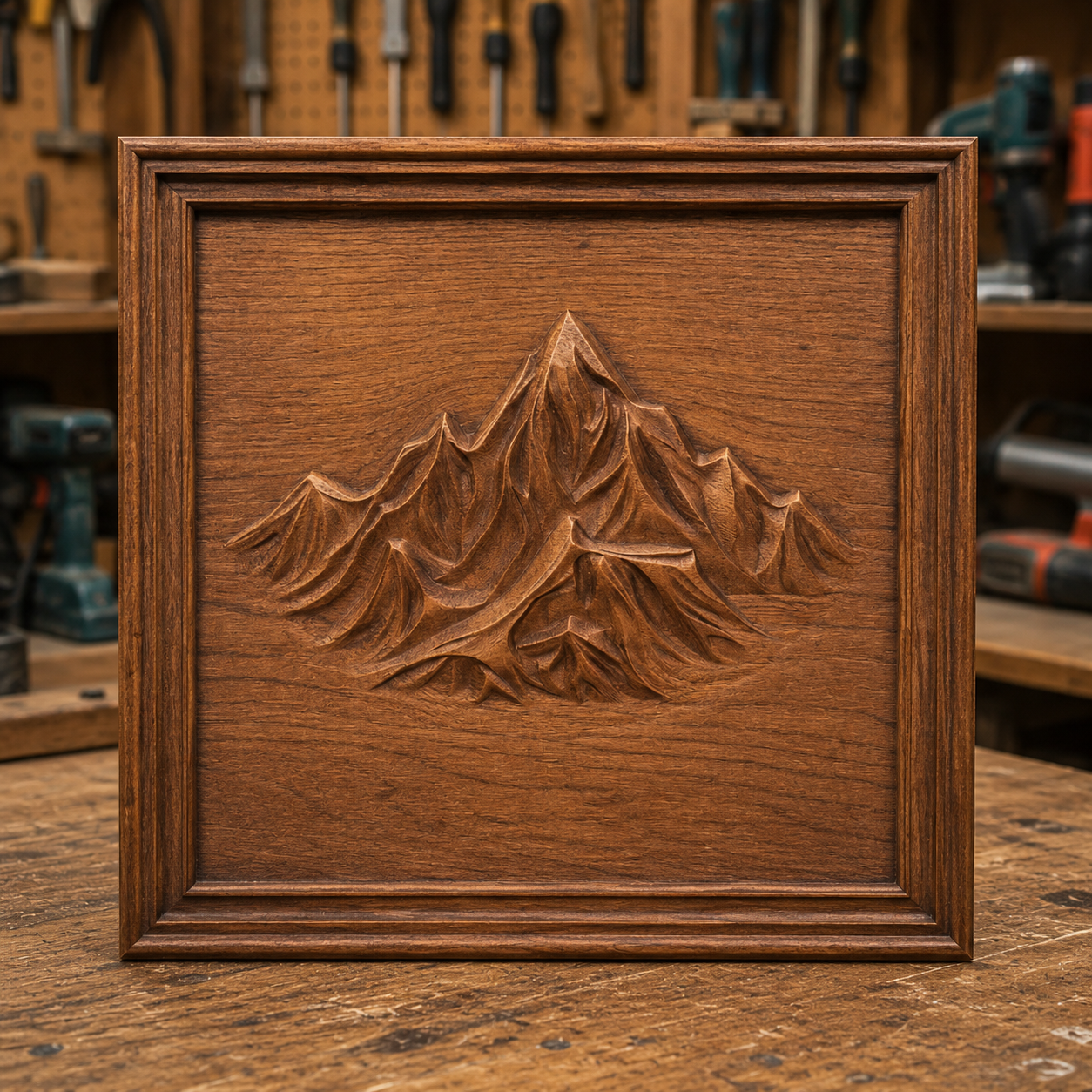 A Mountain Peak Relief STL File from Form Arcade rests on a workbench in a workshop, surrounded by an array of woodworking tools and equipment. This Alpine CNC Wall Art makes a stunning decorative piece, perfect for adding mountain-inspired style to any space.