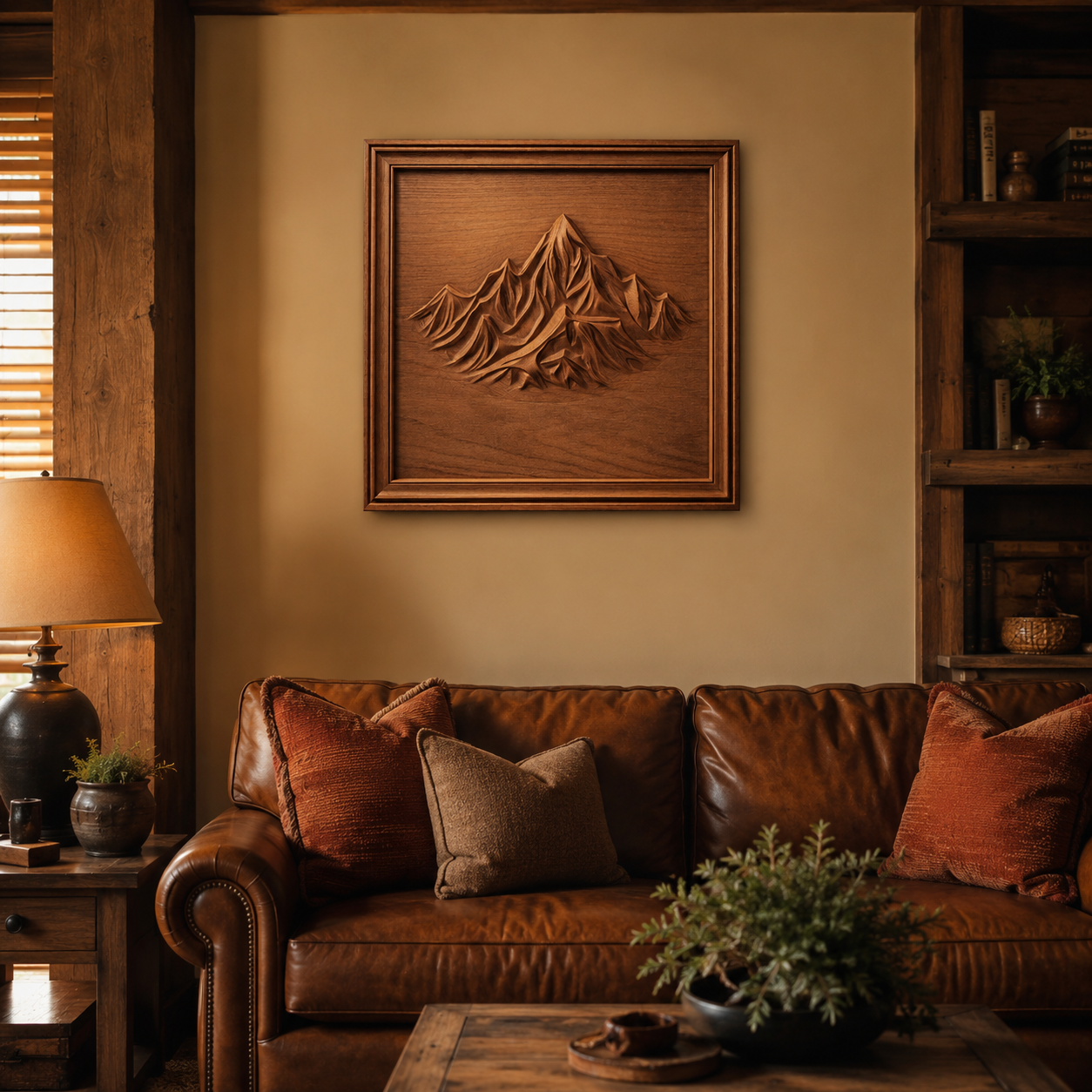 A cozy living room featuring a brown leather sofa adorned with earth-toned pillows, a wooden coffee table topped with a plant, and the "Mountain Peak Relief STL File | Alpine CNC Wall Art" by Form Arcade—a piece of decorative woodworking—framed and displayed on the beige wall above the couch.