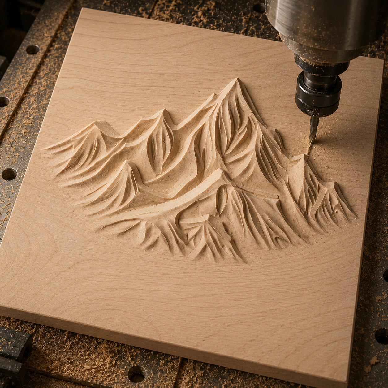 A CNC machine uses the "Mountain Peak Relief STL File | Alpine CNC Wall Art" from Form Arcade to carve a detailed 3D mountain design into a square piece of wood, with wood shavings scattered around, resulting in stunning mountain peak wall art ideal for decorative woodworking projects.
