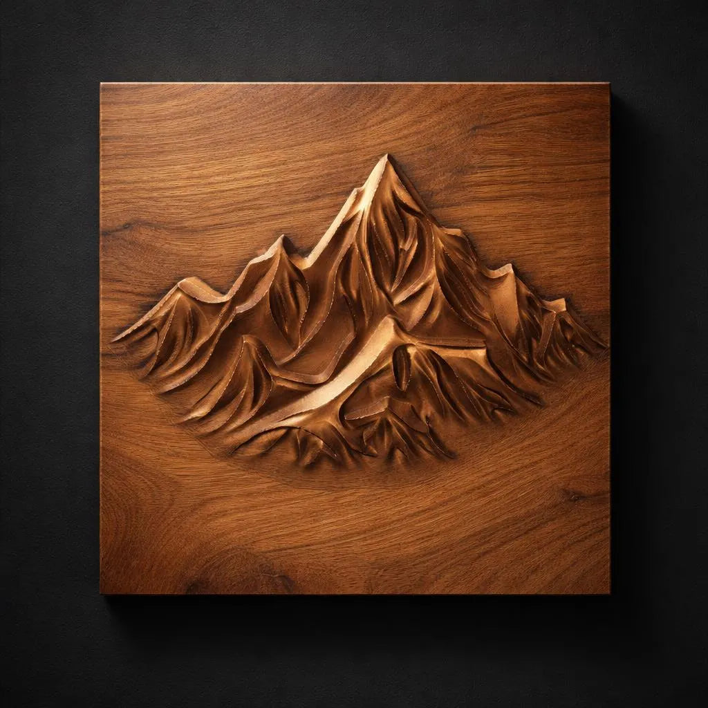 detailed mountain peak relief carving showing layered alpine ridges and smooth depth transitions designed for cnc machining and 3d printing workflows