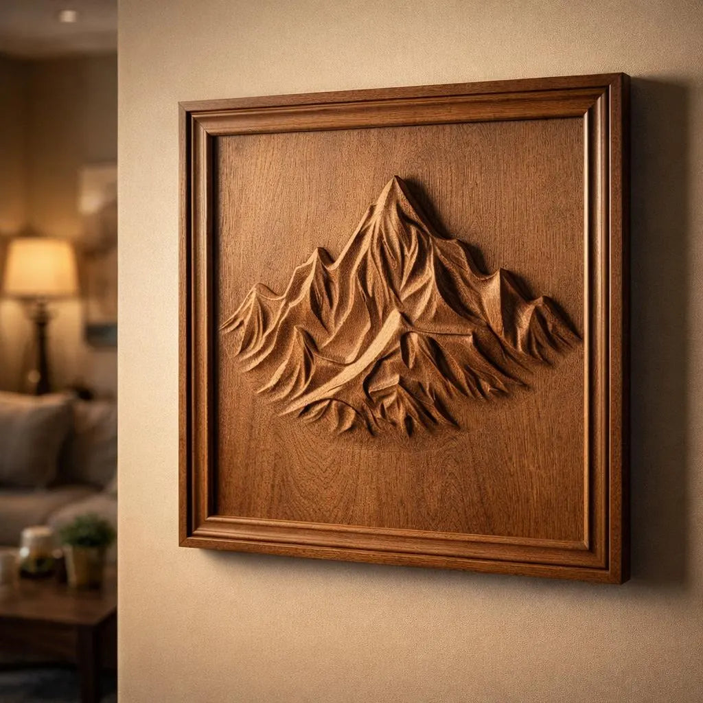 framed mountain peak cnc relief wall art displayed in a modern interior setting highlighting depth detail and natural wood carving appearance
