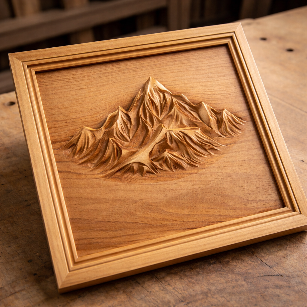 angled view of cnc carved mountain peak relief panel on workshop table showing depth, toolpath detail, and natural wood grain texture