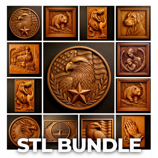 A collage of carved animal, train, eagle, religious, and nature reliefs surrounds bold “STL BUNDLE” text. The Best Sellers 10-Pack Relief STL Bundle by Form Arcade is perfect for CNC wall art or 3D printing projects.