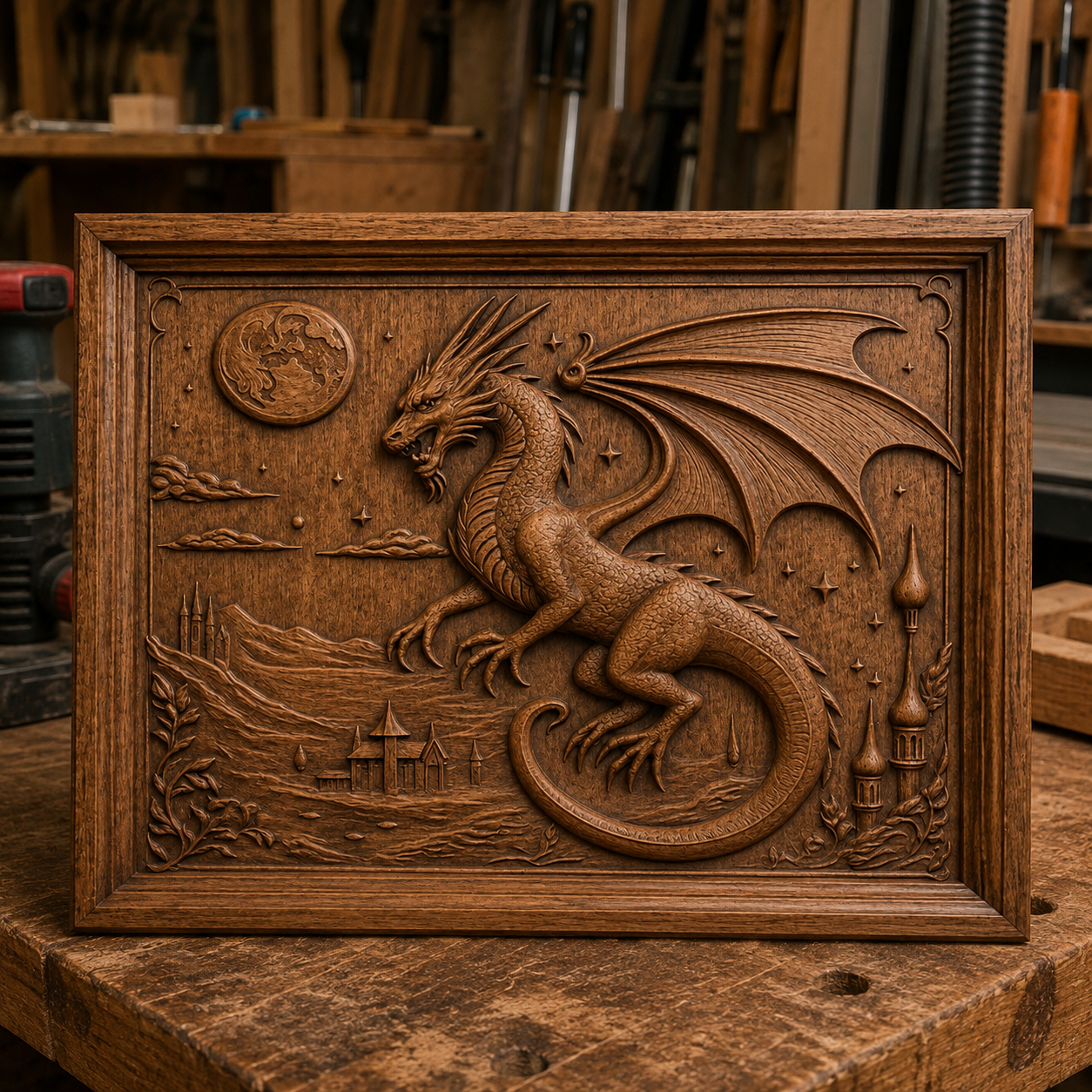 The "Moon Dragon CNC Relief STL File | Dragon CNC Wall Art" by Form Arcade features a detailed dragon with spread wings, a castle landscape, and a moon, showcasing expert relief carving—perfect for woodworking shops or makers, as shown with tools in the background.