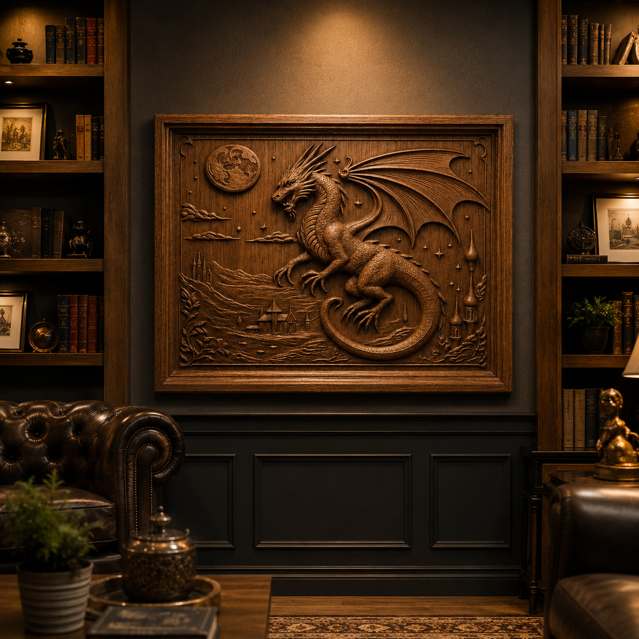A cozy library features a large "Moon Dragon CNC Relief" wall art from Form Arcade, intricately carved in wood and displayed as a striking centerpiece above shelves filled with books and framed photos. In the foreground, a leather chair and a small table with a plant add comfort, while warm lighting enhances the inviting atmosphere—making it an ideal setting to showcase the Moon Dragon CNC Relief STL File or inspire your next Form Arcade woodworking project.