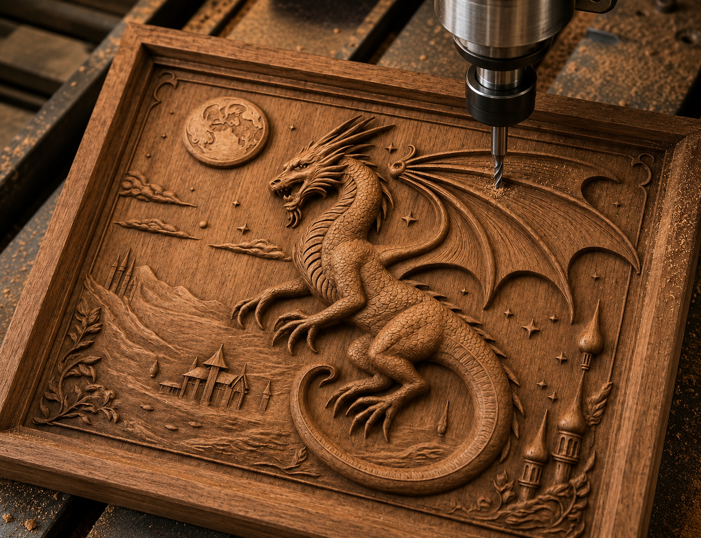 The Form Arcade Moon Dragon CNC Relief STL File features a detailed dragon with outstretched wings, mountains, a moon, and castle towers in the background—an impressive CNC wall art design perfect for woodworking projects or as inspiration for your next relief carving.