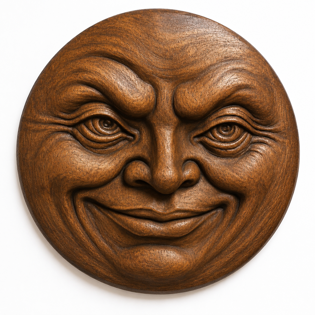 The Moon Stars Face Relief STL File by Form Arcade is a round, wooden CNC wall art featuring raised eyebrows, deep-set eyes, and a wide grin. Finished in warm brown, it's perfect for unique celestial woodworking projects.