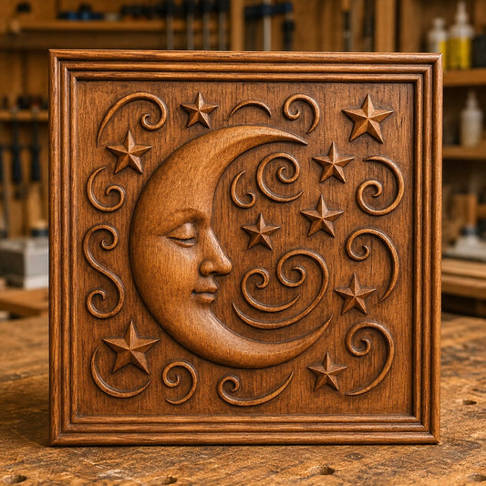 Introducing the Moon & Stars CNC Relief STL File | Celestial CNC Wall Art by Form Arcade. This digital design features a beautifully carved crescent moon with a peaceful face, surrounded by stars and flowing patterns—an intricate relief perfect for CNC carving. Ideal for adding an enchanting celestial touch to your decor, this file brings artisanal craftsmanship to your space.
