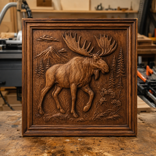 The “Moose in the Wild CNC Relief STL File” by Form Arcade features a detailed wooden carving of a moose walking through a forest scene with trees, mountains, and clouds in the background. This Moose CNC Wall Art exemplifies rustic wildlife craftsmanship and is displayed on a workbench in a woodworking shop.