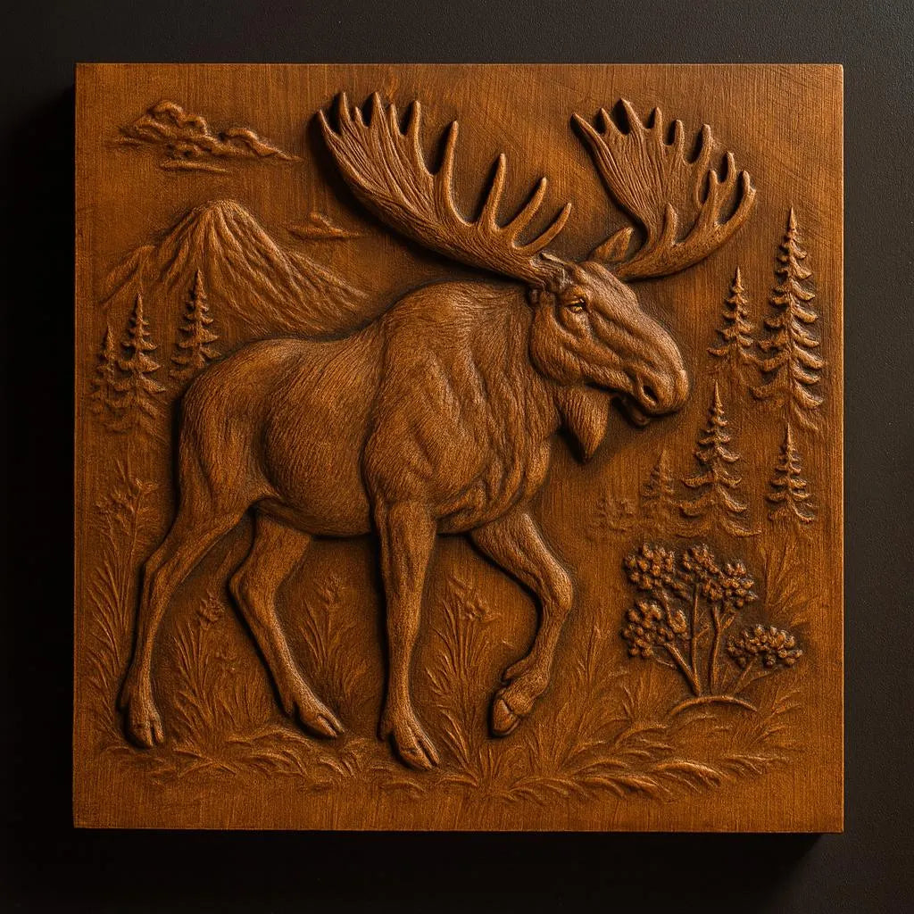 Introducing the Moose in the Wild CNC Relief STL File by Form Arcade—a finely detailed square wooden panel design featuring a moose walking through a forest with trees, mountains, and clouds in the background. Perfect for woodworking projects or as creative inspiration for your next Moose CNC Wall Art masterpiece.