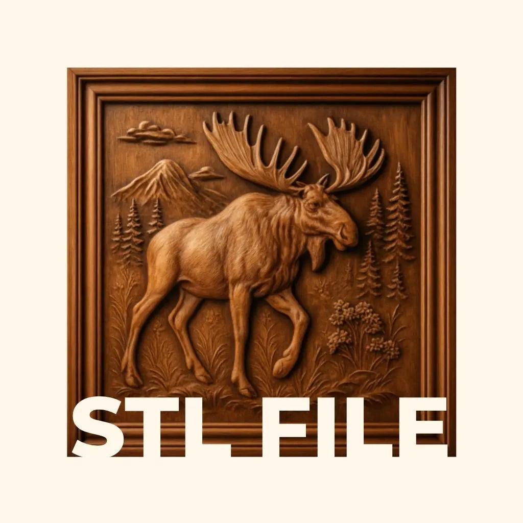 Introducing the Moose in the Wild CNC Relief STL File by Form Arcade—a detailed wooden relief carving featuring a majestic moose with large antlers in a forest scene, set against mountain backdrops. Perfect for woodworking projects and CNC carving, this Moose CNC Wall Art design comes as an STL FILE for your creative projects.