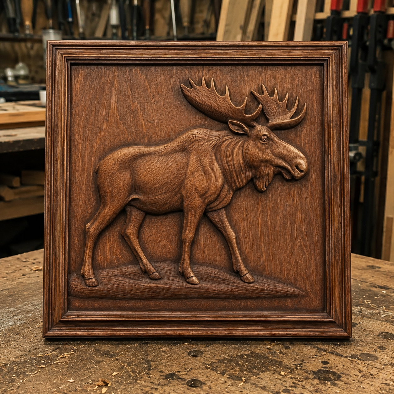 A Moose Wildlife CNC Relief STL File by Form Arcade, designed for creating moose-themed wall art, is displayed within a square frame on a workbench in a workshop, surrounded by tools and wood in the background.