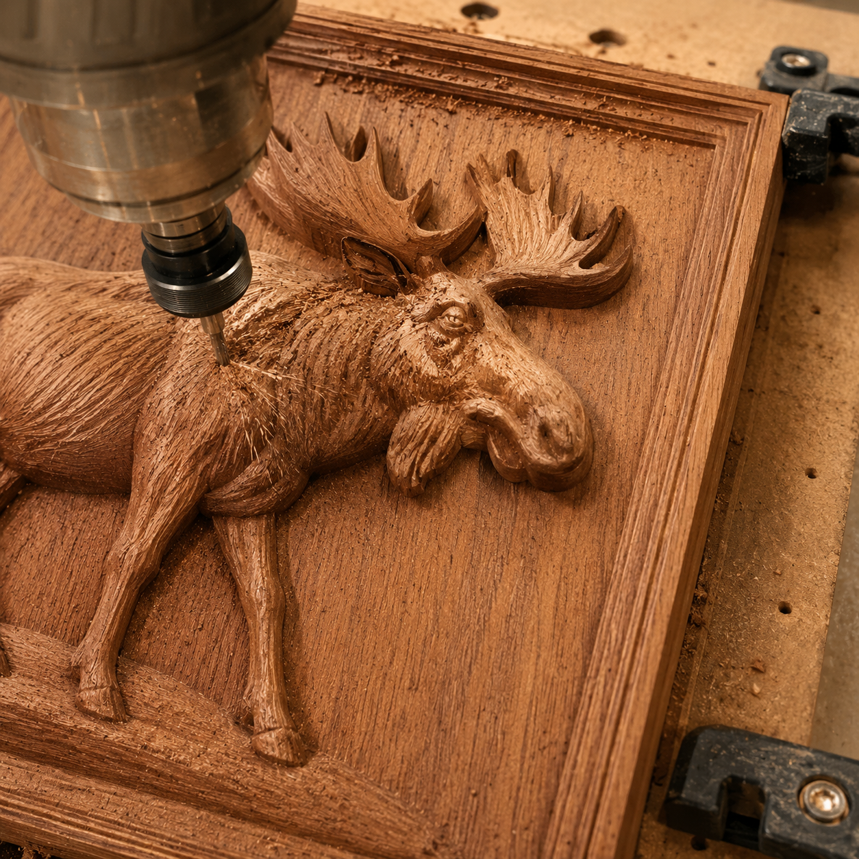 A CNC machine uses the Moose Wildlife CNC Relief STL File by Form Arcade to carve an intricate moose design into a wooden panel, with the drill head skillfully shaping the animal’s fur and contours for unique wall art.