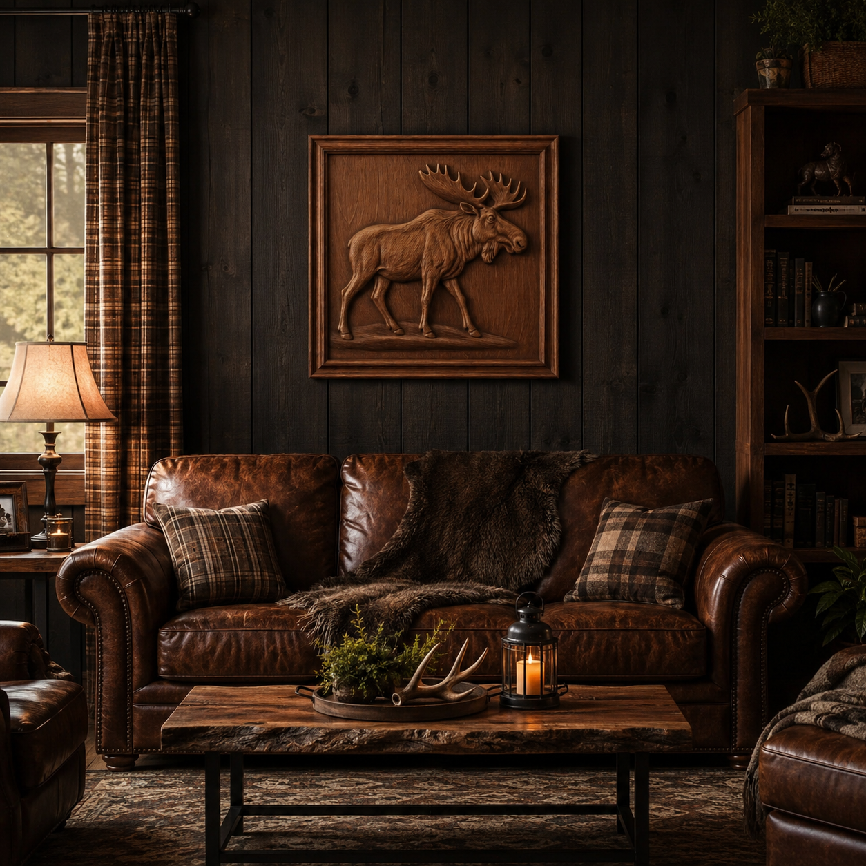A cozy living room features a brown leather sofa adorned with plaid pillows and a fur throw. A wooden coffee table displays a lantern and antlers, while the dark wood wall above the sofa showcases the Moose Wildlife CNC Relief STL File | Moose CNC Wall Art by Form Arcade.