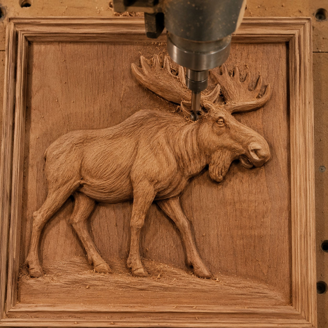 A CNC machine carves a detailed moose relief into a square wooden panel, with wood shavings scattered around the carving, showcasing the artistry of the Moose Wildlife CNC Relief STL File | Moose CNC Wall Art from Form Arcade.