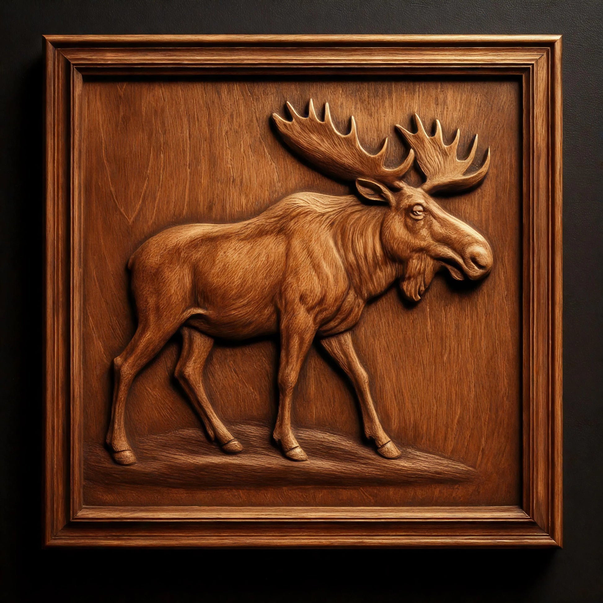 A striking Moose Wildlife CNC Relief STL File by Form Arcade, featuring a detailed moose walking, designed for CNC wall art and displayed within a square wooden frame against a dark background.