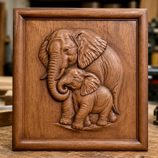 Introducing the “Mother and Baby Elephant Relief STL File” by Form Arcade — a highly detailed and realistic wildlife CNC wall art design featuring an adult elephant lovingly touching a baby elephant with its trunk, all set within a square wooden frame. This stunning piece is perfect for woodworking projects and beautifully captures the heartwarming bond between mother and baby elephants.