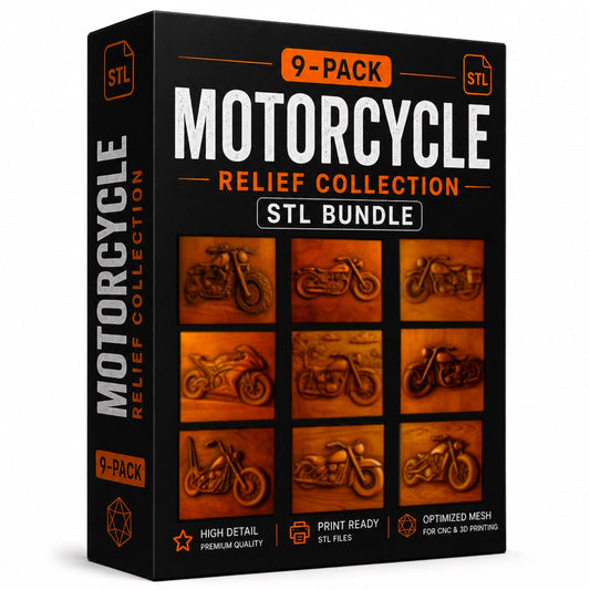 Presenting the Motorcycle Collection 9-Pack STL Bundle | CNC Wall Art by Form Arcade. This box showcases images of nine detailed wooden motorcycle bas relief STL designs. The text highlights a 9-pack of high-detail, print-ready STL files with optimized mesh, ideal for CNC woodworking and creating unique Motorcycle CNC wall art. Perfect for both CNC and 3D printing projects.