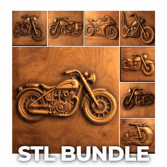 A grid of nine motorcycle CNC wall art carvings is displayed, with the largest at the center. Bold "Motorcycle Collection 10-Pack STL Bundle | Form Arcade" text at the bottom—ideal for woodworking STL files and CNC relief carving fans.