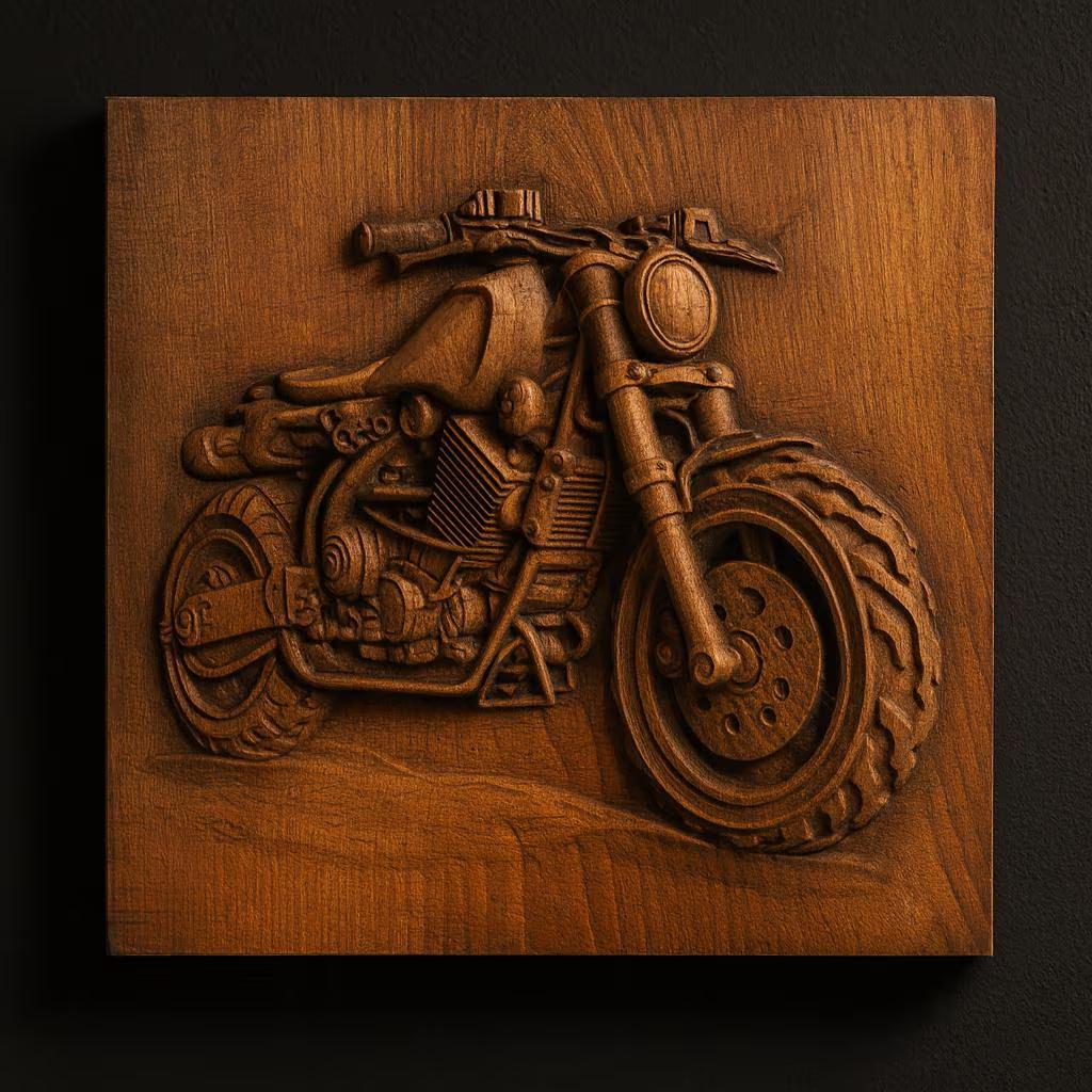 The Motorcycle Collection 10-Pack STL Bundle by Form Arcade features CNC wall art reliefs highlighting intricate bike details, all designed for exceptional craftsmanship and mounted on a dark wall.
