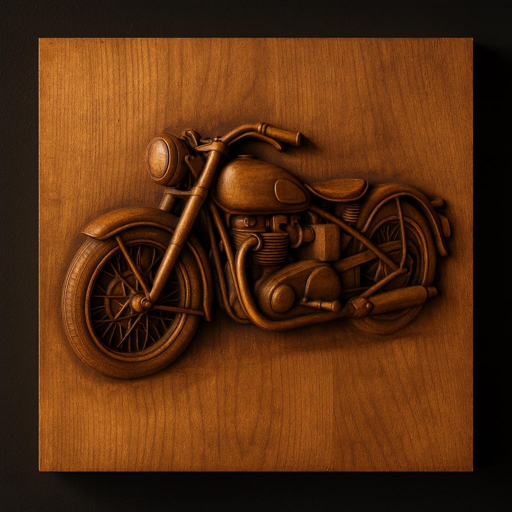 The Motorcycle Collection 10-Pack STL Bundle by Form Arcade features CNC wall art with intricately detailed vintage motorcycles, showcasing expert craftsmanship on square panels with dark backgrounds.