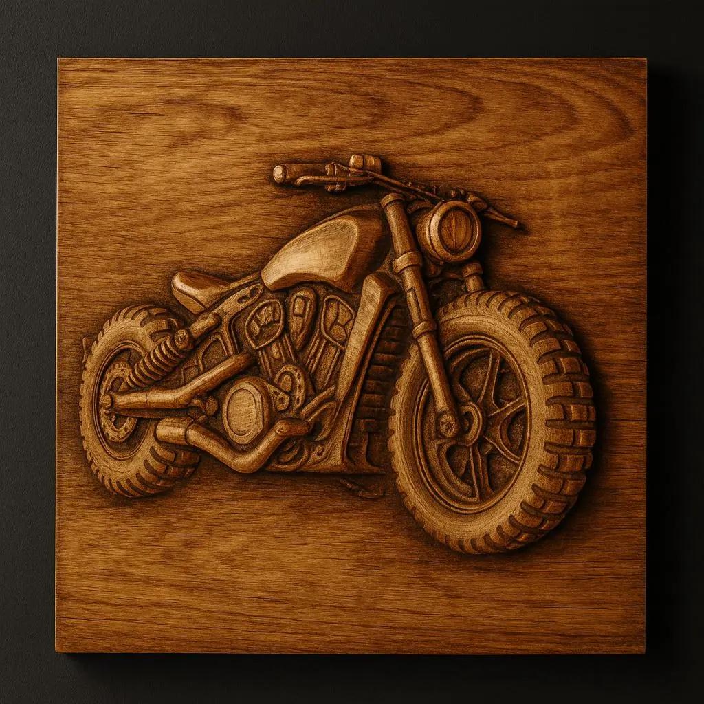 The Motorcycle Collection 10-Pack STL Bundle by Form Arcade features detailed CNC relief carvings of motorcycles in profile on square panels, highlighting intricate wheel and bodywork—ideal CNC wall art for motorcycle enthusiasts.